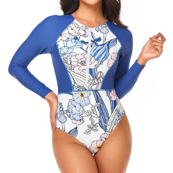 TIANEK Women One-Piece Swimwear Mother's Day Paded No Rims Patchwork Long Sleeve Zipper Halter Summer Resort Printed Surfing Swimsuit Clearance