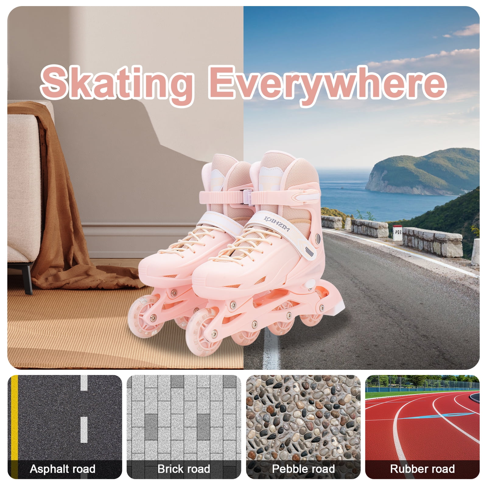 YYW Kids Inline Skates with Light Up Wheels,4-Size Adjustable Roller Skates for Girls(Pink,M)