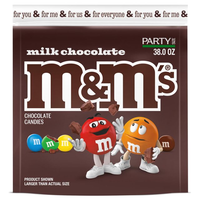 peanut milk chocolate easter candy, party size, milk chocolate candy bulk for easter baskets, holiday gifts, party favors & more, 38 oz bag Bolsa frontal de 38 oz tamaño fiesta con fondo marrón y gran logotipo blanco; dos personajes de caramelo rojo y naranja en primer plano sostienen trozos de chocolate y hay piezas de caramelo recubierto colorido (azul, verde, amarillo, marrón). Texto superior muestra 'PARTY SIZE 38.0 OZ' y nota que la imagen está ampliada. Adecuada para cestas de Pascua, detalles de fiesta y exhibiciones de dulces.