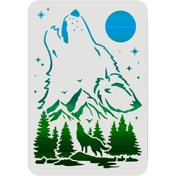 Wolf Stencils Decoration Template 11.7x8.3inch Plastic Forest Mountain Moon Drawing Painting Stencils A4 Reusable Stencils for Create DIY Wolf Crafts and Decor DIY
