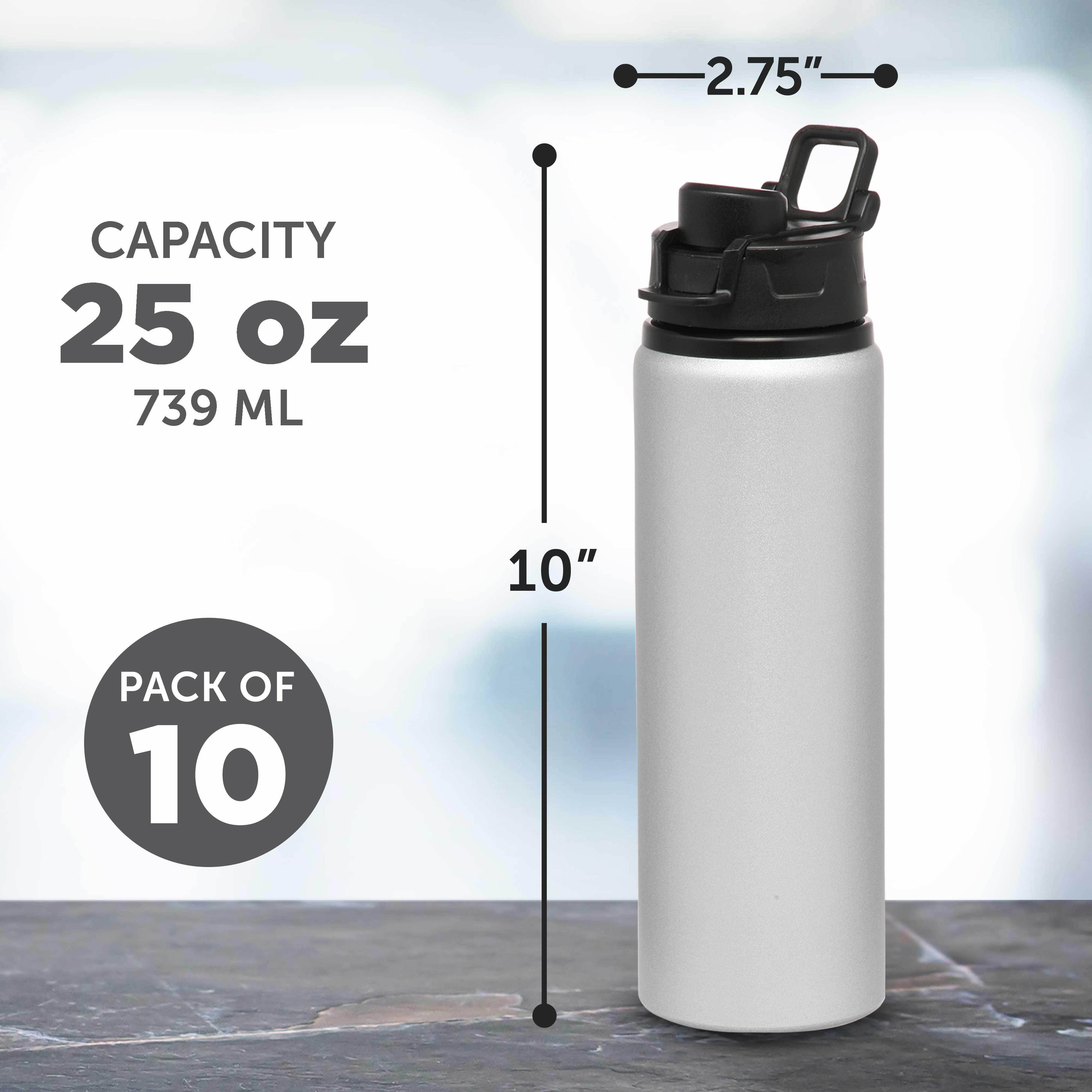 Aluminum Water Bottles with Snap Lids 25 oz. Set of 10, Bulk Pack - Reusable, Great for Gym, Hiking, Cycling, For School - Silver