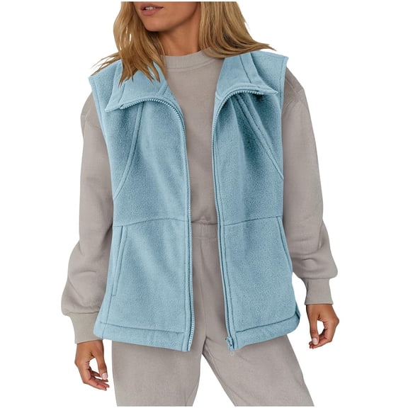 Women Solid Lapel Fleece Vest Soft Sleeveless Zip Front Vest Everyday Casual Outer Coat with Pockets Light Blue XL