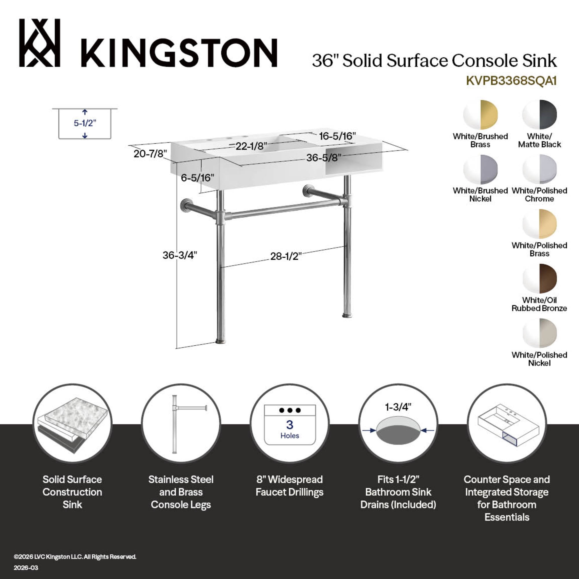 Kingston Brass KVPB3368SQA1 Aurelius 36-Inch Solid Surface Console Sink with Stainless Steel Legs (8-Inch, 3-Hole) in Matte White/Polished Chrome