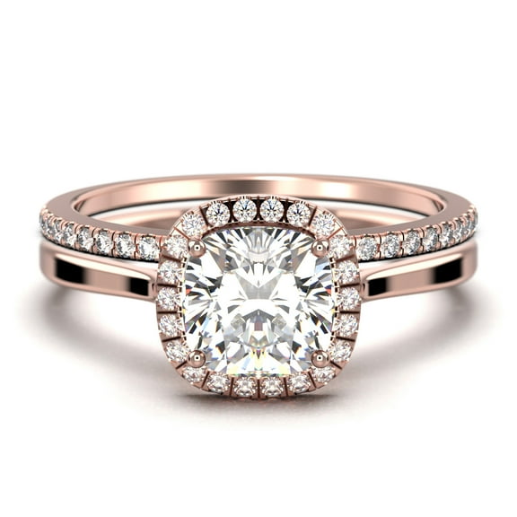 Dazzling Halo 2.05 Carat Cushion Cut Diamond Moissanite Engagement Ring, Wedding Ring, One Matching Band in 10k Solid Rose Gold Shank, Gift For Her Promise Ring, Anniversary Ring