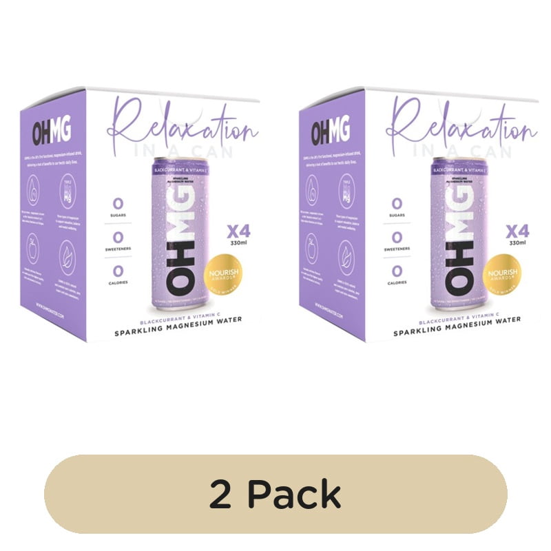 OHMG Blackcurrant sparkling magnesium water 4 x 330ml, British Import (Pack of 2)