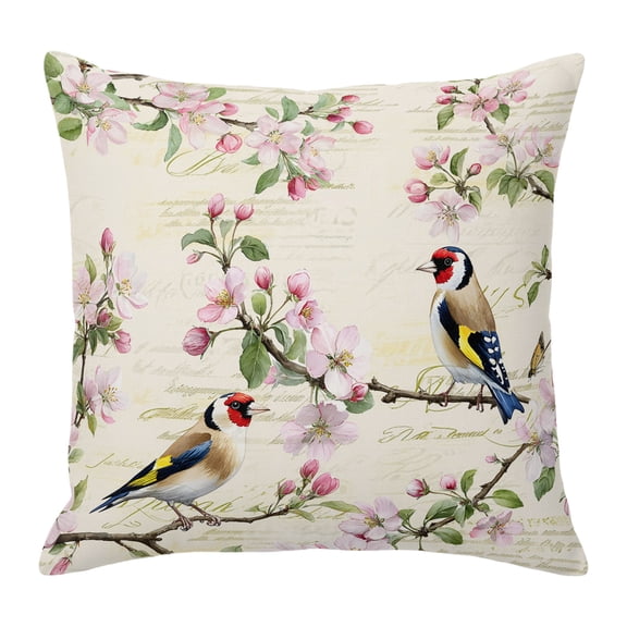 Throw Pillow Covers, Pink Spring Floral 24x24 Pillow Covers for Couch/Sofa/Bed, Birds Elegant Farmhouse Art Decorative Square Linen Cushion Pillowcase for Home Decor