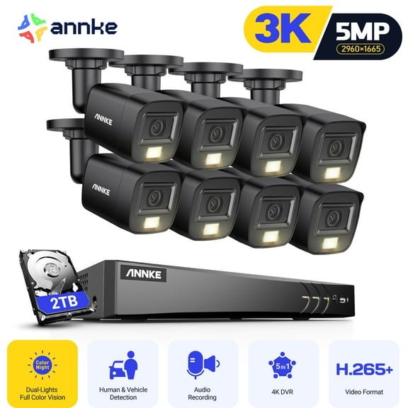 ANNKE 8CH 5MP Security Camera System, H.265  5-in-1 4K DVR Recorder with AI Human/Vehicle Detection, 8X 3K IP67 CCTV Bullet Black Cams with Smart Dual Light, Built-in Mic, Work with Alexa, 2TB HDD