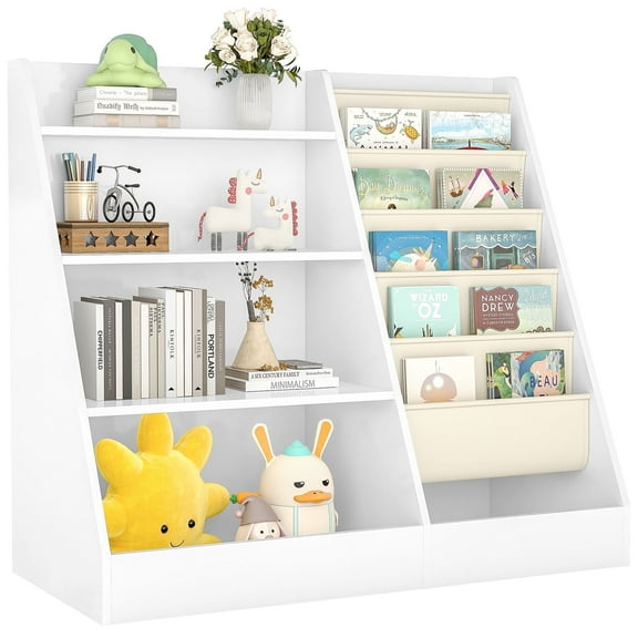 Furnibear 2-in-1 Kids Bookshelf and Toy Organizer, 4-Tier Book Rack   5-Layer Fabric Slings, Non-Toxic Material, Anti-Tip Feature, Ideal for Playroom,White