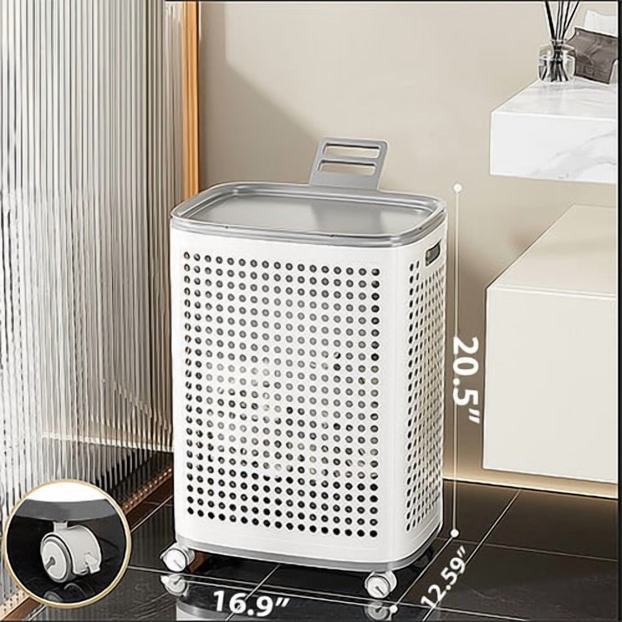 Colourtree 58L Laundry Basket, PP Plastic Clothes Hamper with Dual Handles, Ventilated Design for Sorting Clothes ( Lid + Wheels )