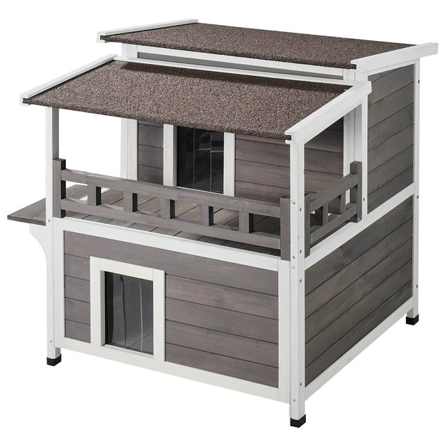 VEVOR Maison Extérieure pour Chat Abri pour Chat Sauvage en Bois à 2 Étages avec Balcon et Toit