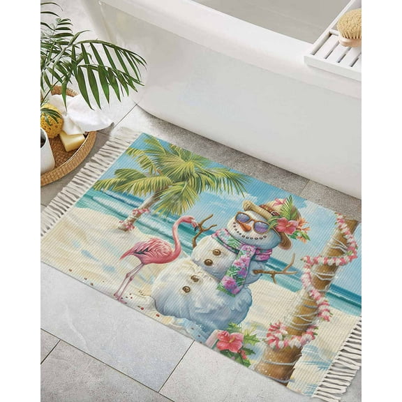 Coastal Snowman Christmas Bath Rug 2x3ft Woven Bathroom Entryway Runner Rug,Xmas Tree Flamingo Beach Washable Living Room Hallway Bedroom Kitchen Carpet with Tassels,Indoor Outdoor Throw Doormat