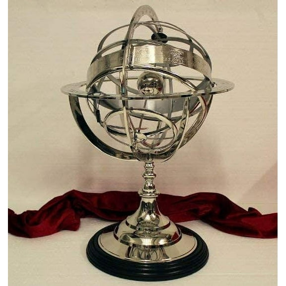 Polished Chrome Nickel Plated Celestial / Zodiac Armillary Sphere Globe Stainless Steel On Wooden Pedestal | Nautical Marine Gifts Ideas | Maritime Astrolabe Vintage Home Decor Display Piece