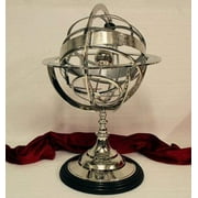 Polished Chrome Nickel Plated Celestial / Zodiac Armillary Sphere Globe Stainless Steel On Wooden Pedestal | Nautical Marine Gifts Ideas | Maritime Astrolabe Vintage Home Decor Display Piece