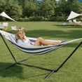 thumbnail image 4 of 2 Person Double Brazilian-Style Hammock with Sturdy Steel Stand - 450lbs Capacity Cotton Bed - Portable & Space-Saving - Indoor Outdoor Patio Camping Garden - Carry Bag - Blue and White, 4 of 9