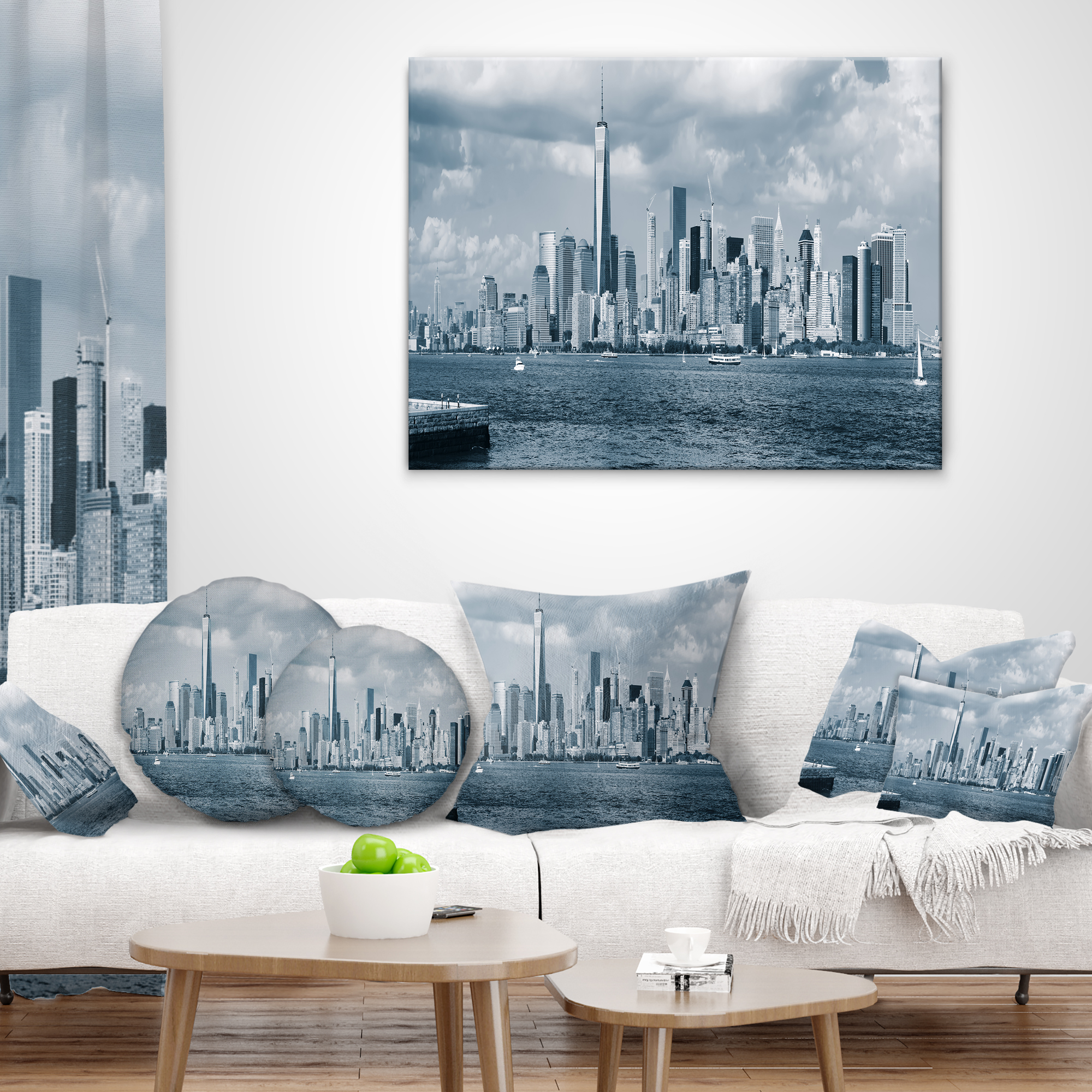 Designart Lower Manhattan Panorama Black White - Cityscape Throw Pillow - 12x20