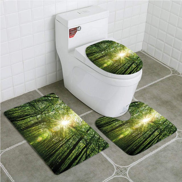 ABPHQTO Bosque Verano Árboles Vista Hacia Arriba Los Rayos Sol Gotean De Las Ramas Naturaleza Helecho Juego de alfombras de baño de 3 piezas Alfombra de baño Alfombra de contorno y tapa de inodoro ABPHQTO Cont-CHAPPLE-28265