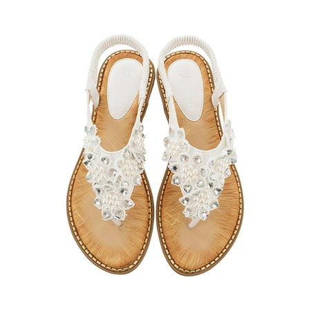 

Colisha Ladies Beach Shoes Summer Thong Sandals Slip On Flat Sandal Women Elastic Band Bohemian White 9