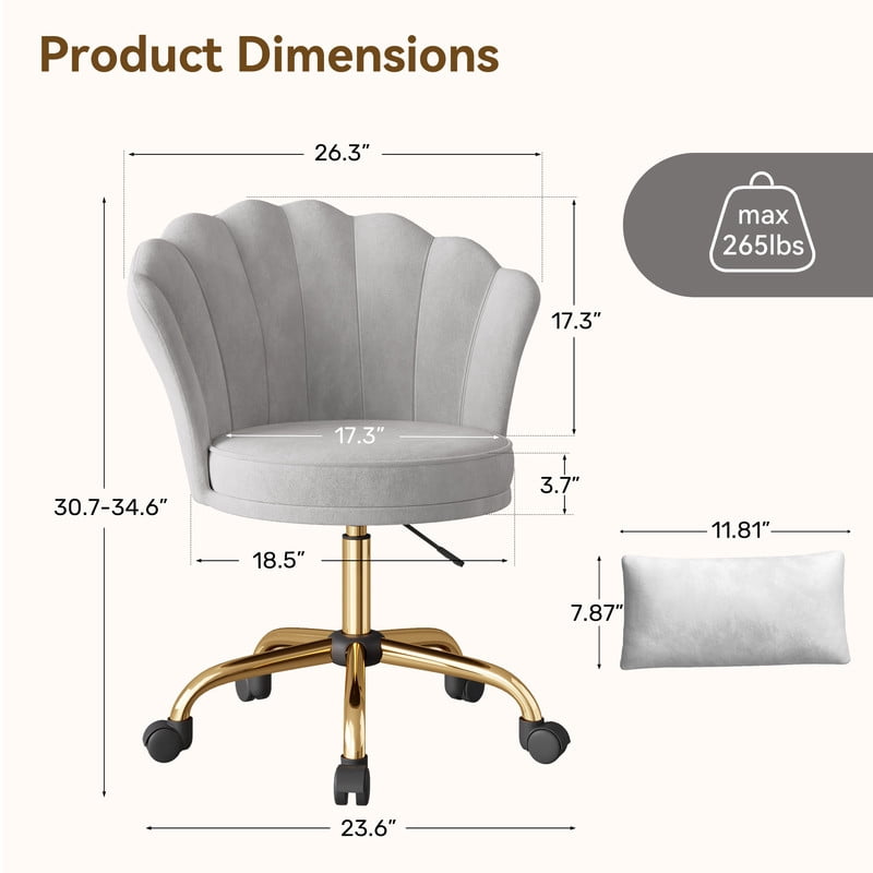 Hawsaiy Shell Back Home Office Chair with Lumbar Pillow, Modern Upholstered Desk Chair with Gold Metal Base, Swivel Adjustable Computer Chair for Home Office, Gray