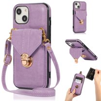Allytech Crossbody Wallet Case for iPhone 13 Mini 5.4" 2021,PU Leather Handbag Purse Bracket Kickstand Card Pocket Adjustable Detachable Necklace Lanyard Buckle Protective Cover for Women Girls,Purple