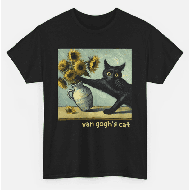 Graphic vintage tee Van Gogh Black Cat With Sunflowers Funny Cat Painting Art T-Shirt100% Cotton Fashion Shirt 180g Heavyweight T-shirts for Men Women Mom Friends