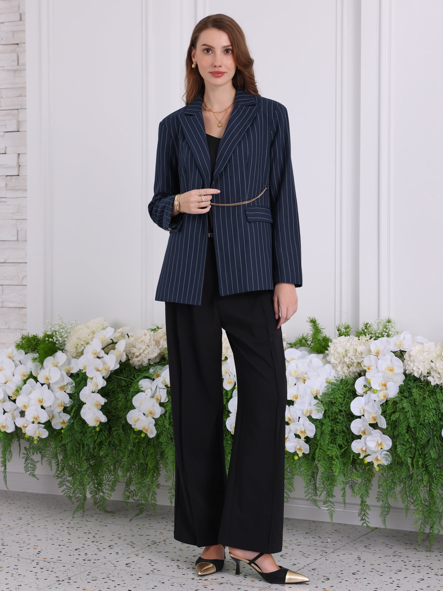DARING DIVA Women's Striped Lapel Collar Chain Decor Long Sleeve Blazer L Navy Blue