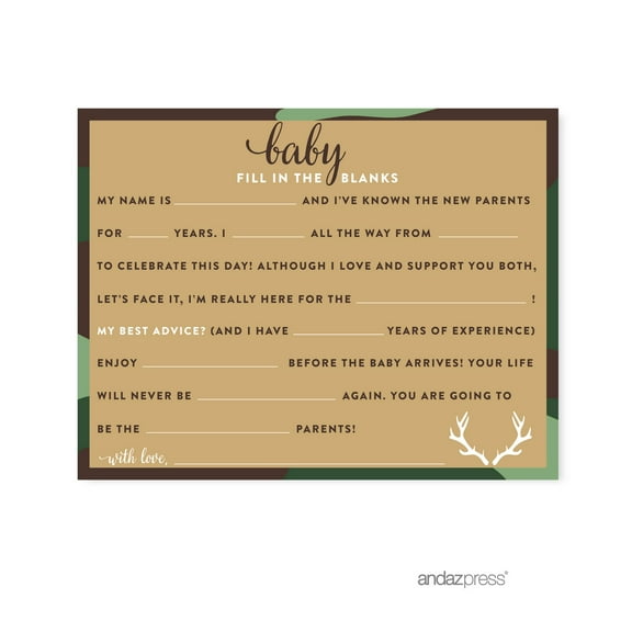 Fill-In-The-Blank Green Woodland Camouflage Boy Baby Shower Game, 20-Pack