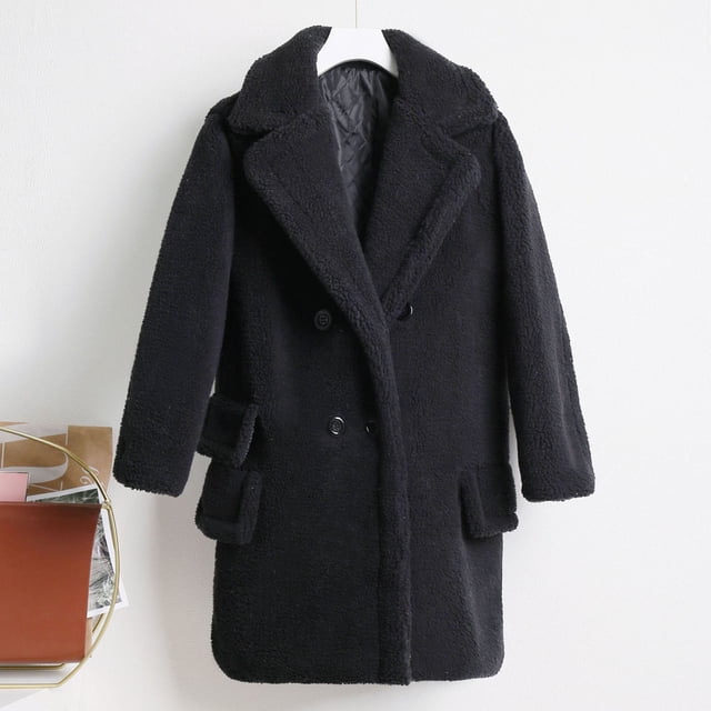 Wolfast Veste en Molleton pour Femmes Mode Unie Col Rabattu Moyen Manteau en Peluche Chaud Noir G