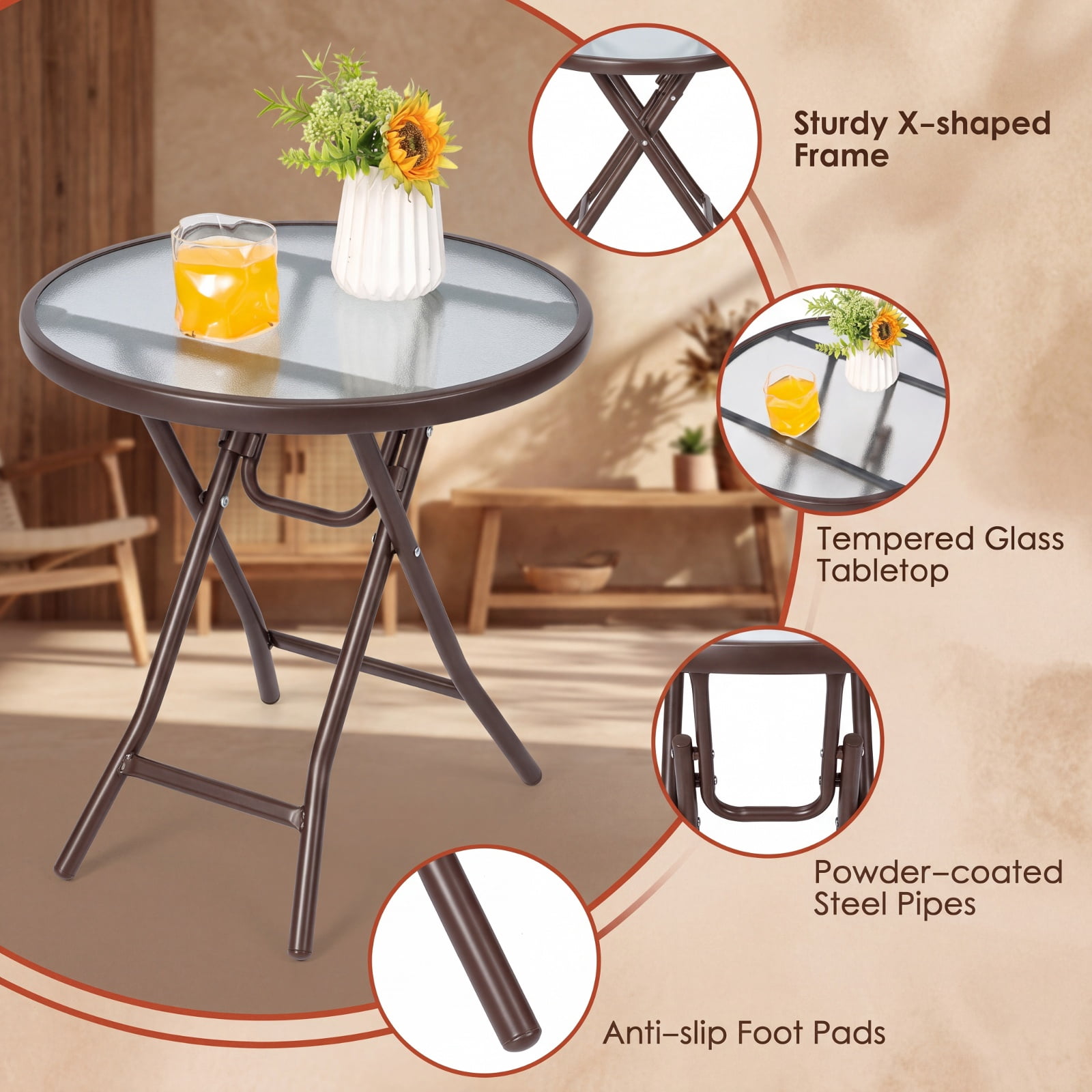 Furnibear Folding Patio Side Table with Tempered Glass Tabletop and Steel X Frame for Backyard Garden Poolside and Balcony, Black