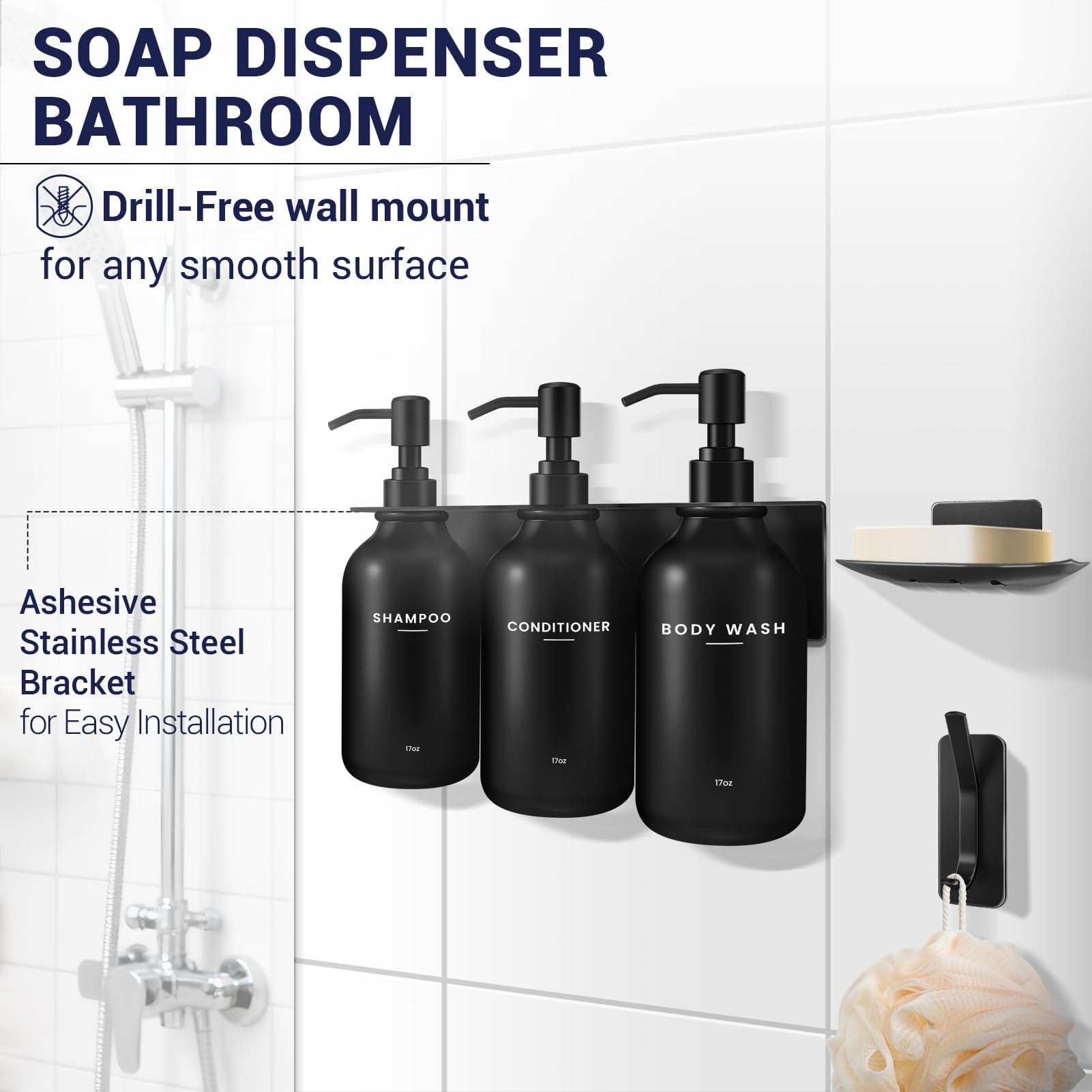Shampoo and Conditioner Dispenser - Shower Soap Dispenser Wall Mounted - 17 fl oz Set of 3 Black Plastic Bottles Black Pump - Shampoo Dispenser, Shower Dispenser