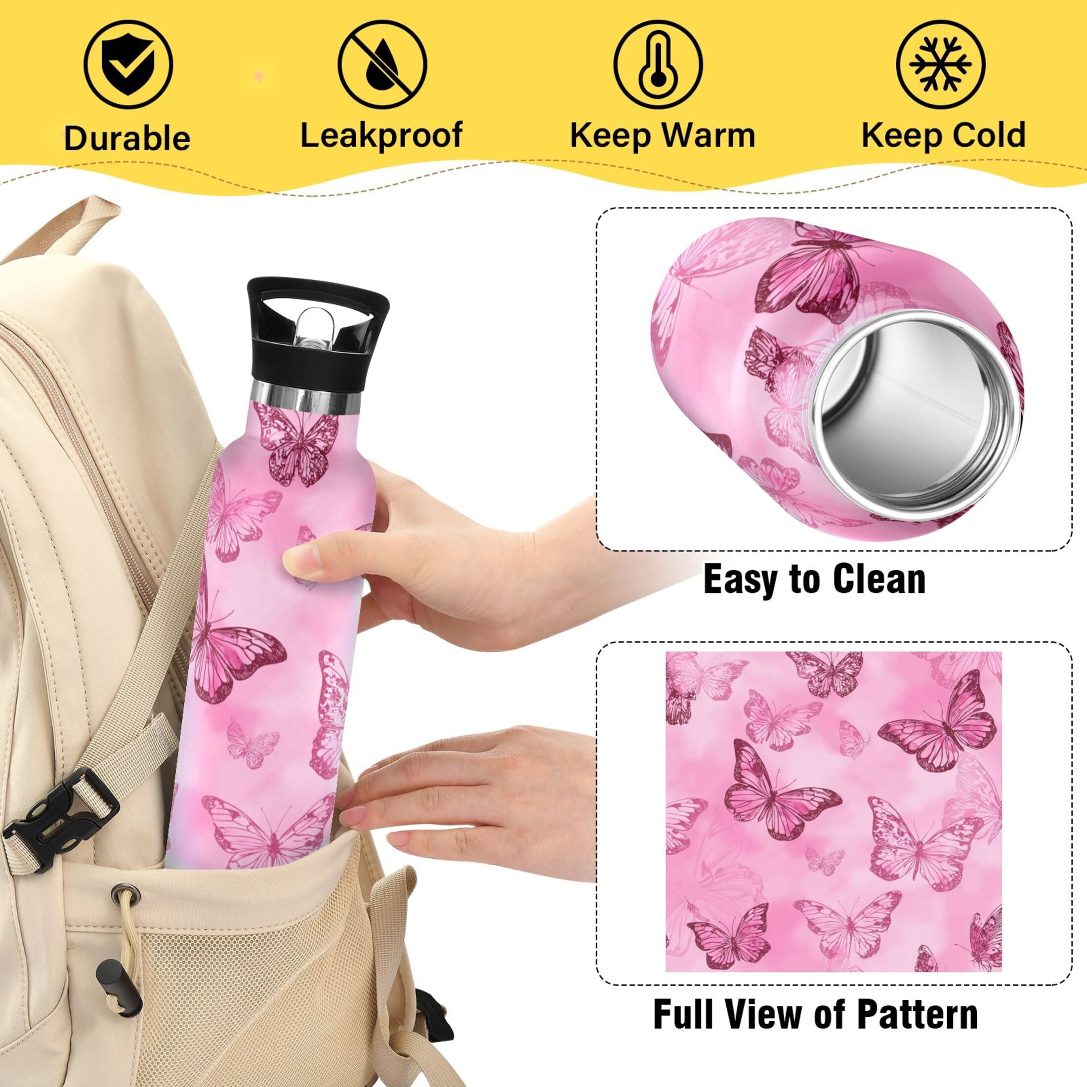 Kids Insulated Stainless Steel Sports Water Bottle 600ml (20oz) Pink Butterfly Pattern