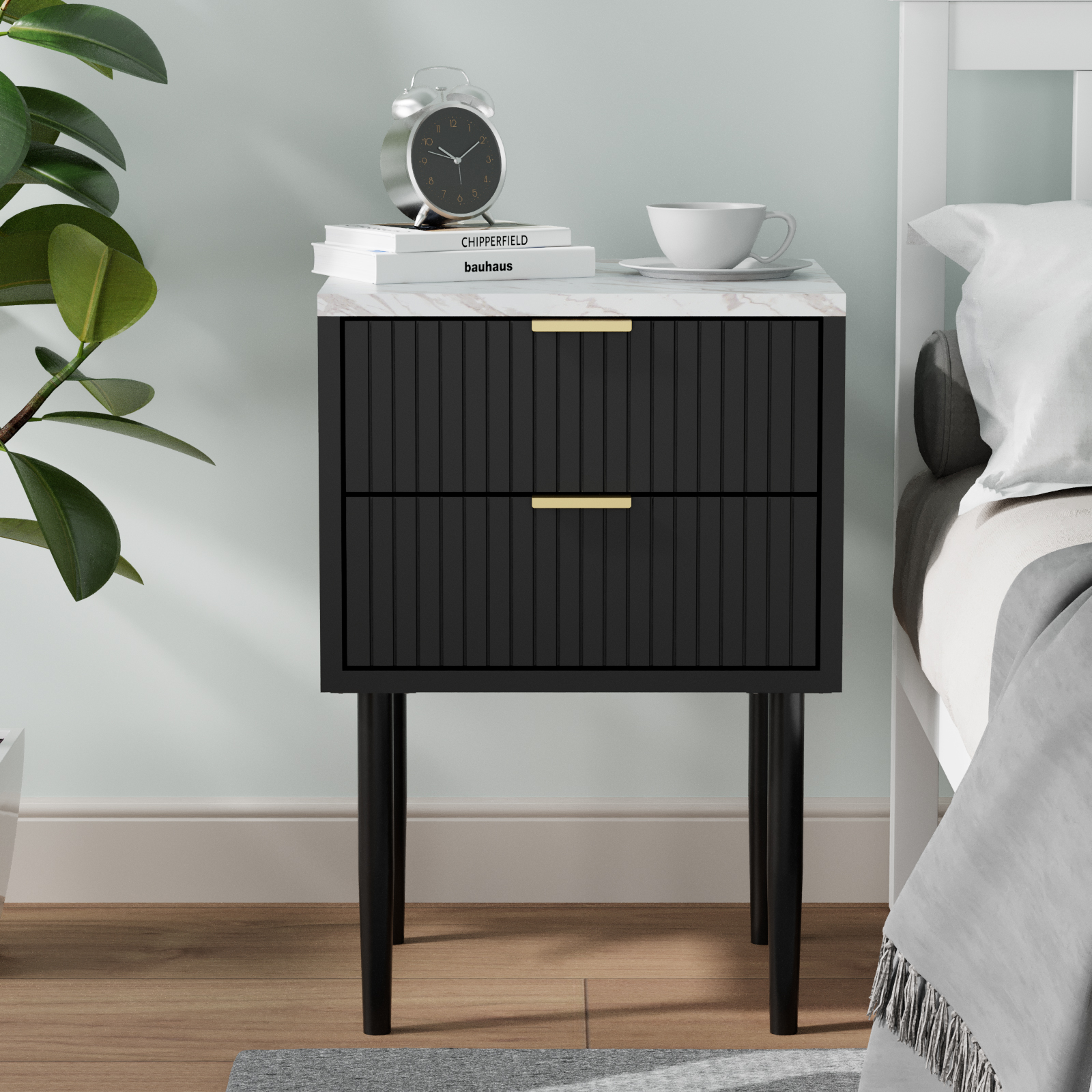 Eclife Set of 2 Nightstands Gold Handles Marble Top for Bedroom Adult Kids, Black