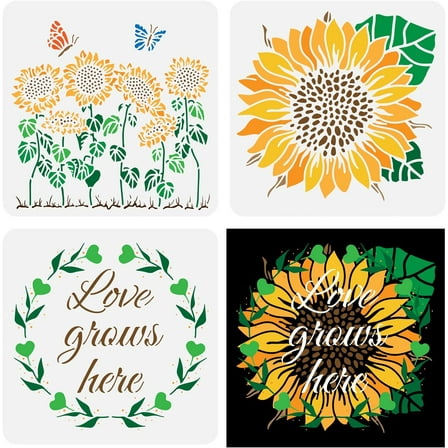 3pcs Sunflower Drawing Painting Stencils Templates Set (11.8x11.8 inch) Love Grows Here Plastic Square Reusable Stencils for Painting on WoodTile Floor Wall and Fabric White
