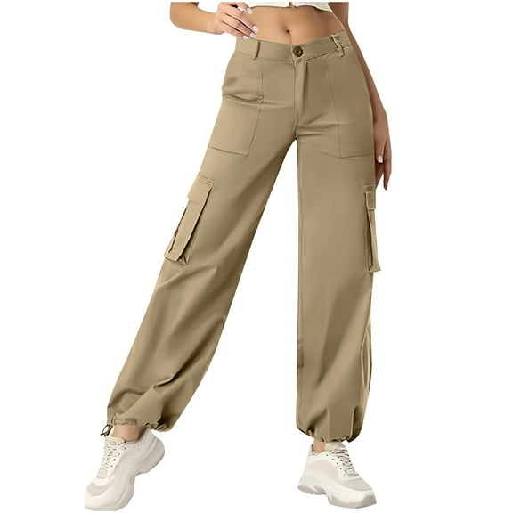 Ahdbta Women's High Waisted Cargo Pants Travel Y2K Streetwear Trousers Stretchy Baggy Hiking Pants with 6 Pockets Drawstring Ankle Cuffs