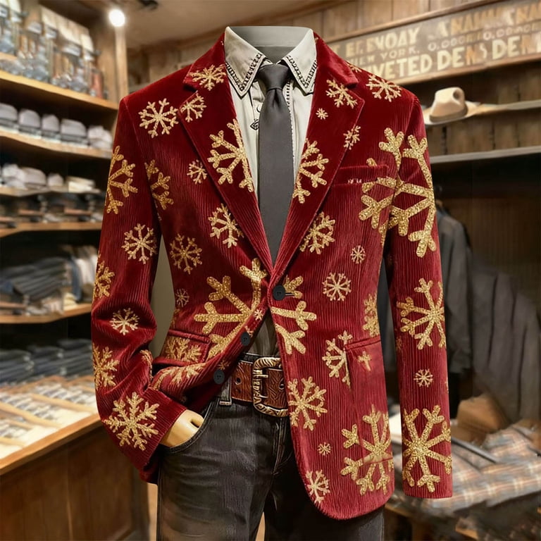 Oelaio Christmas Suit Jacket for Men Funny Xmas Blazer Jacket Snowflake Print Tuxedo Two Button Notched Lapel Party Jackets Wine XXL