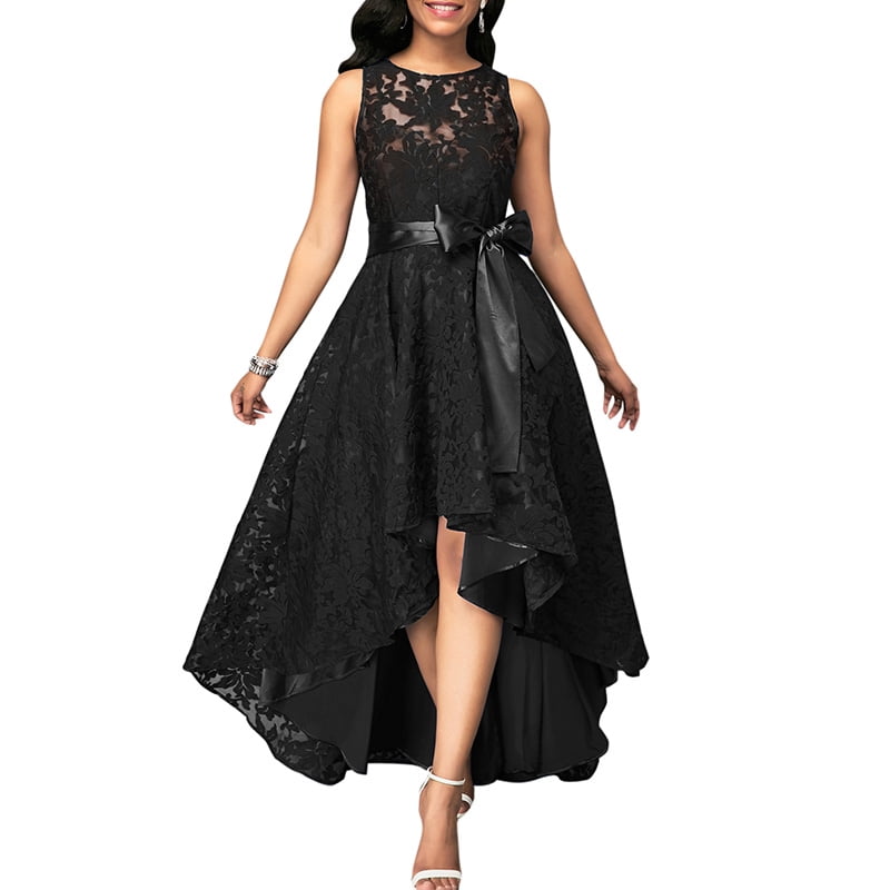 sleeveless high low belted black lace dress