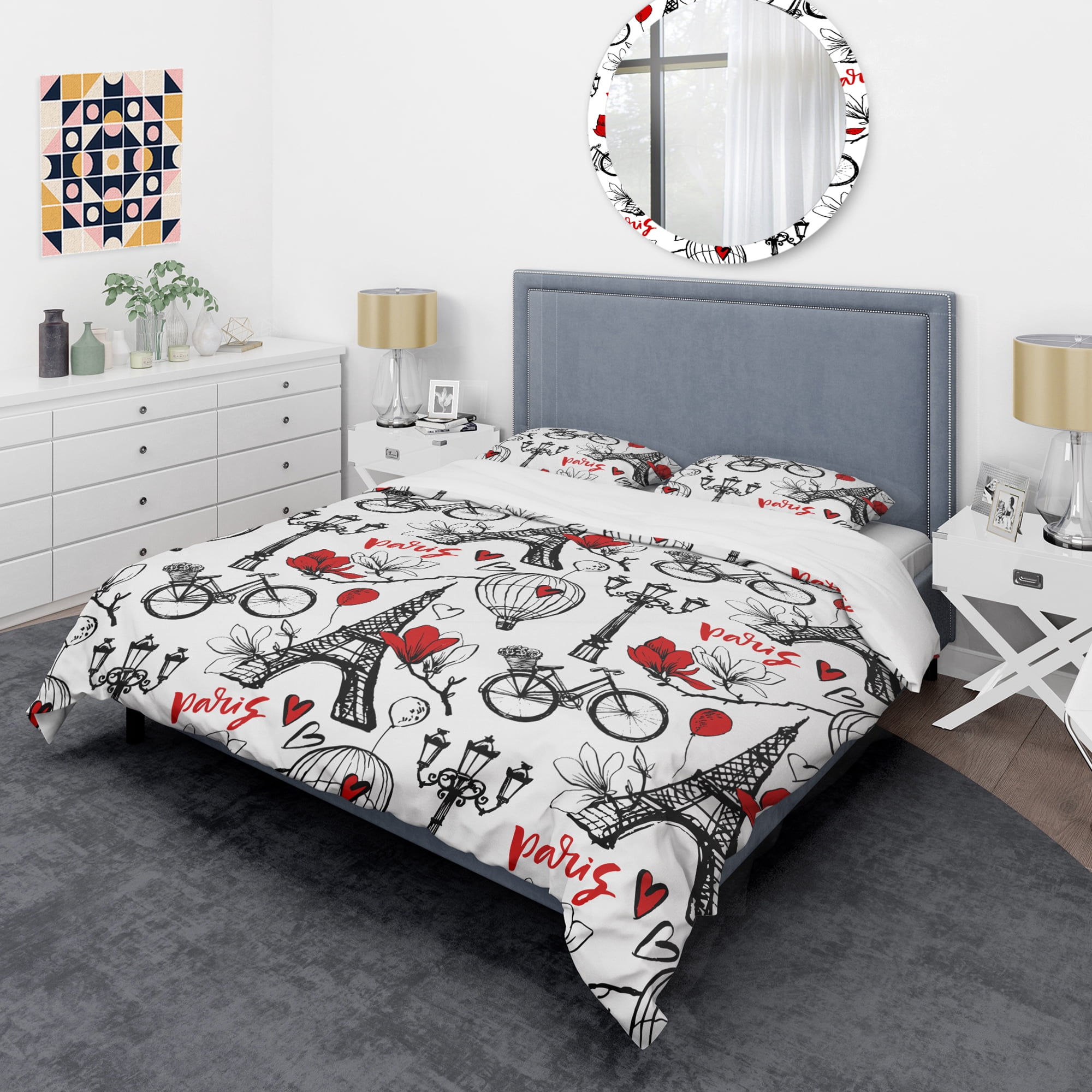 Designart 'Paris Eiffel Red Hearts I' Mid-Century Modern Duvet Cover Set