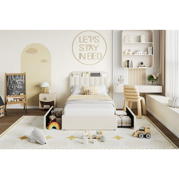 Twin Bed Frame with Storage Headboard & Bookcase, 2 Drawers, Boucle Upholstered Platform Bed. No Box Spring Needed, Easy Assembly, Ivory White.