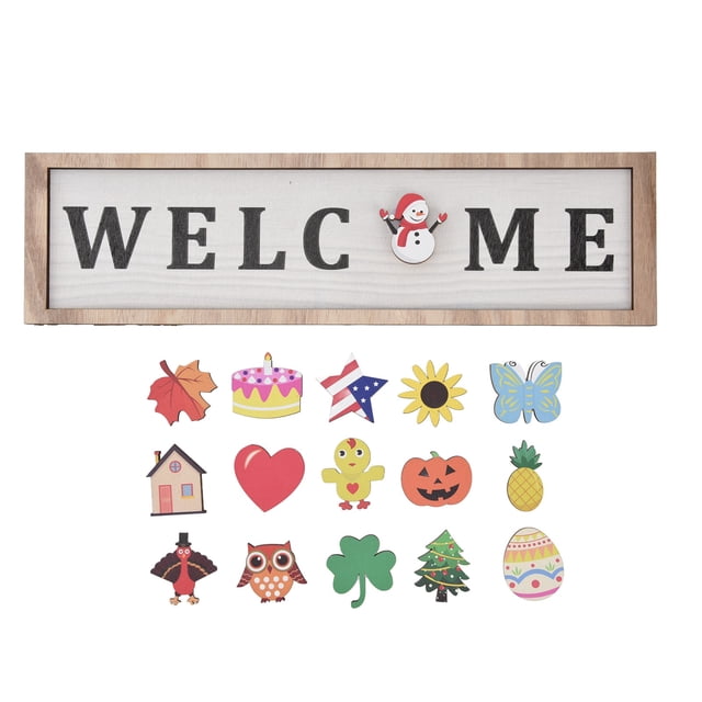 Letrero de puerta de madera rústico de temporada, decoración de bienvenida con 16 iconos intercambiables para casa de campo, oficina y hogar.