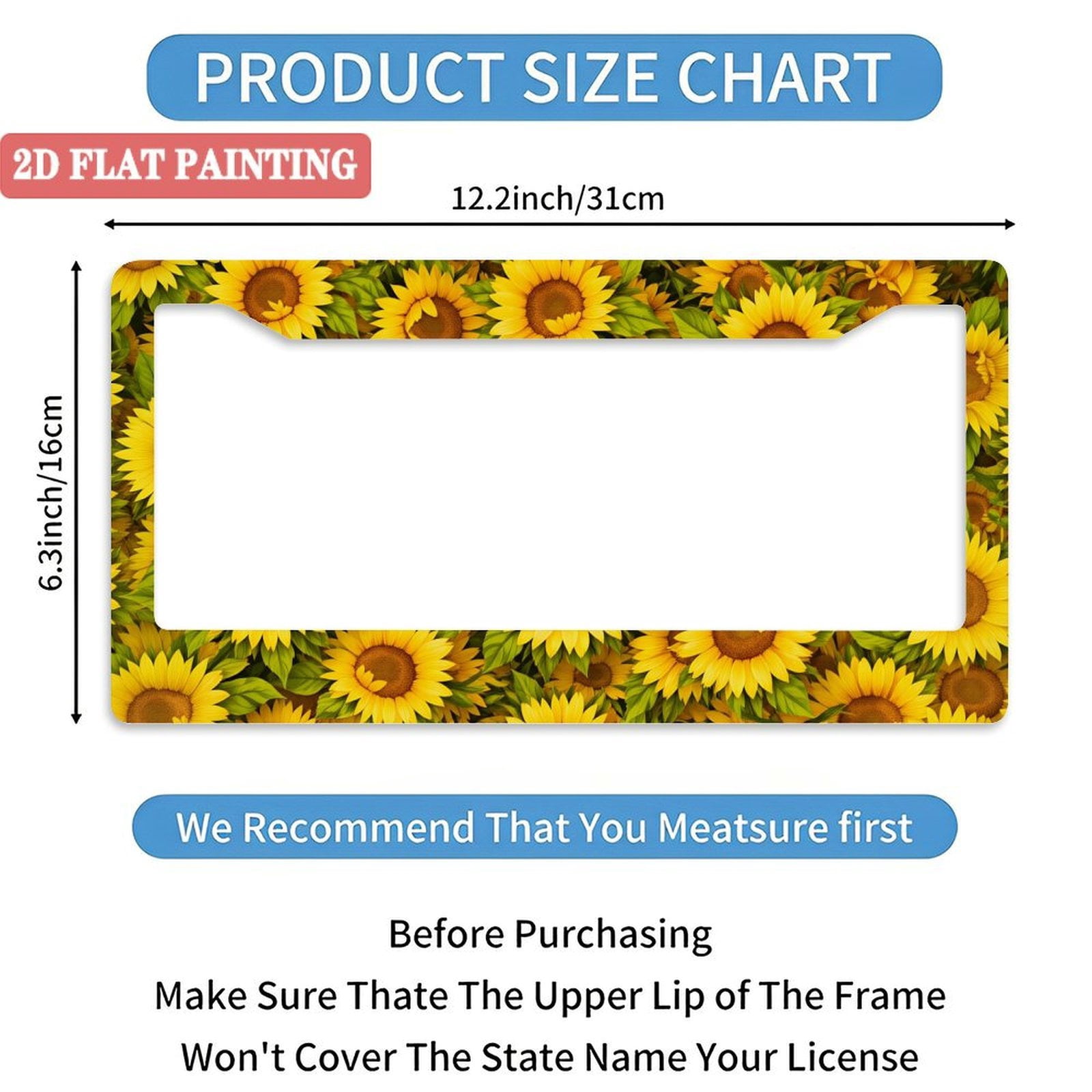 2PC Sunflower License Plate Frame Floral, Cute License Plate Frames for Women, Boho Cottagecore Car Plate Frame, Aesthetic Car Decor, Car Gift  Plate Frame Style 6.3x12.2inch(16x31cm)