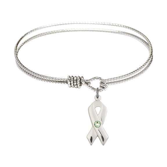 6 1/4 inch Oval Eye Hook Bangle Bracelet w/ Cancer Awareness medal charm w/ August Green Swarovski Crystal