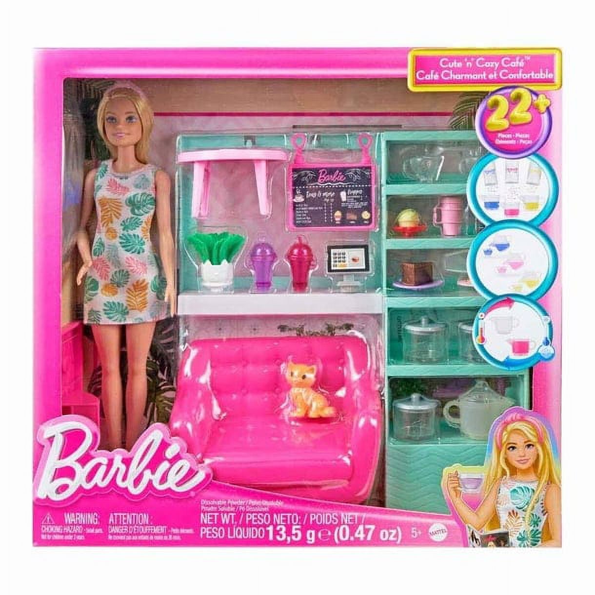 Barbie Cute N Cozy Cafe Doll and Playset 21 Accessories with Color Change Teapot