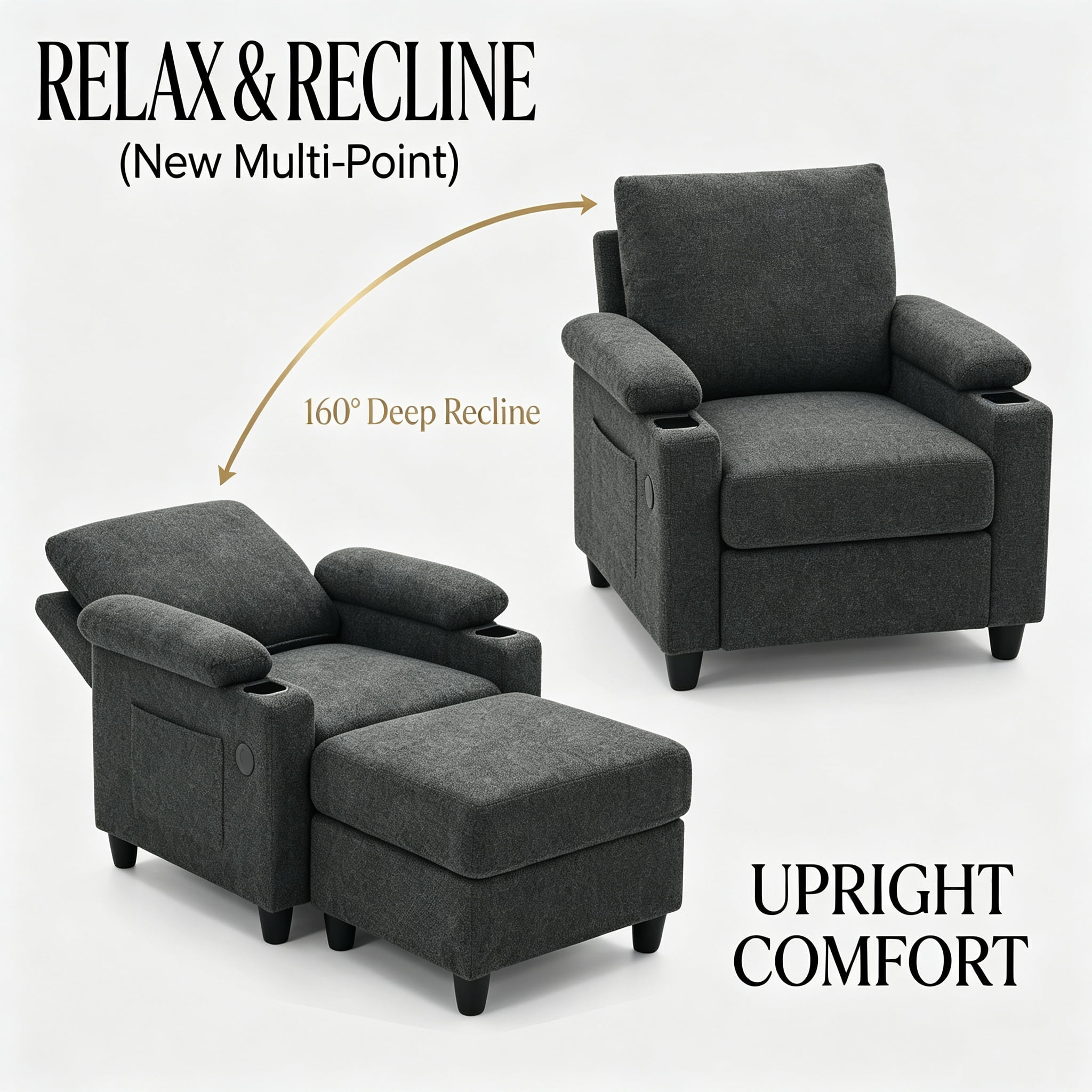 Aukfa Accent Chair with Storage Ottoman & Cup Holders, Convertible Sleeper Recliner Lounge Chair with Adjustable Backrest, USB-C Port & Side Pocket, Dark Gray
