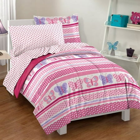Dream Factory Butterfly Dots Full 7 Piece Comforter Set Polyester Microfiber Pink Purple White Multi Child Female