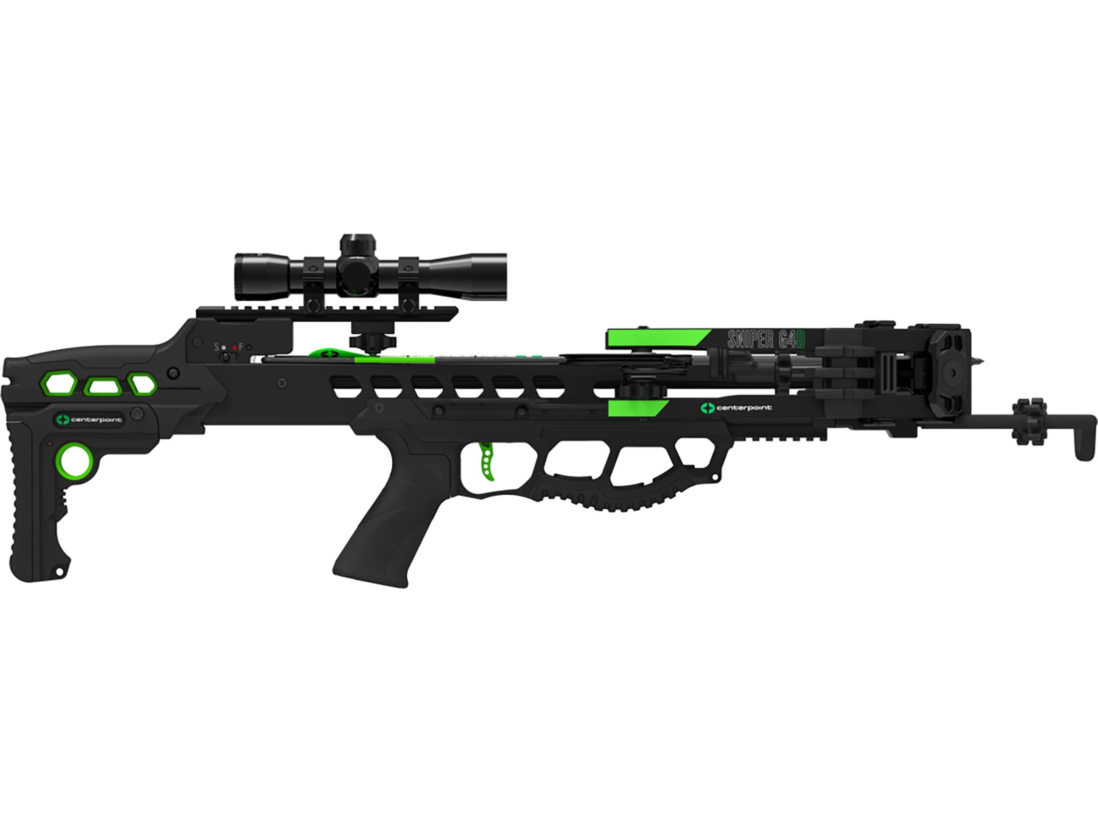 Centerpoint Sniper G4D Crossbow, 400 FPS, 4x32mm Illuminated Scope, Adjustable Stock, Whisper Silencing, Detachable Silent Crank, Includes 20 Carbon Arrows, Quiver, Rope Cocker (C0020)