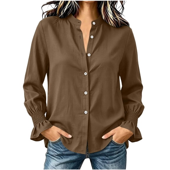 LUVDA V Neck Button Blouse for Women Long Sleeve Ruffle Cuff Casual Work Shirt Loose Fit Fall Top