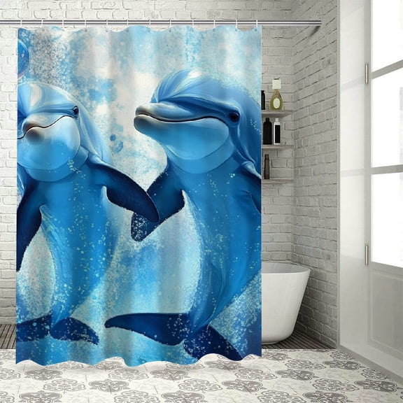 Patifu Dolphins Swimming Bubbles Shower Curtain Set with Hooks 36"x72