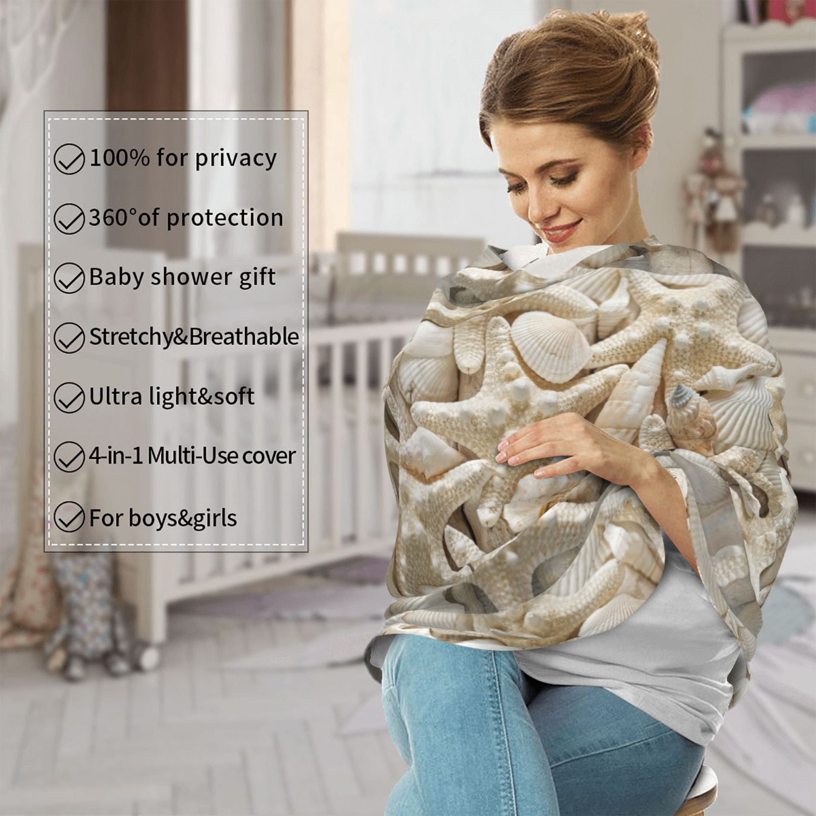 Fotbe Starfish and Sea Shells Pattern Car Seat Covers for Babies, Nursing Breastfeeding Cover Infant Carseat Canopy, Soft Stretchy Carrier Cover