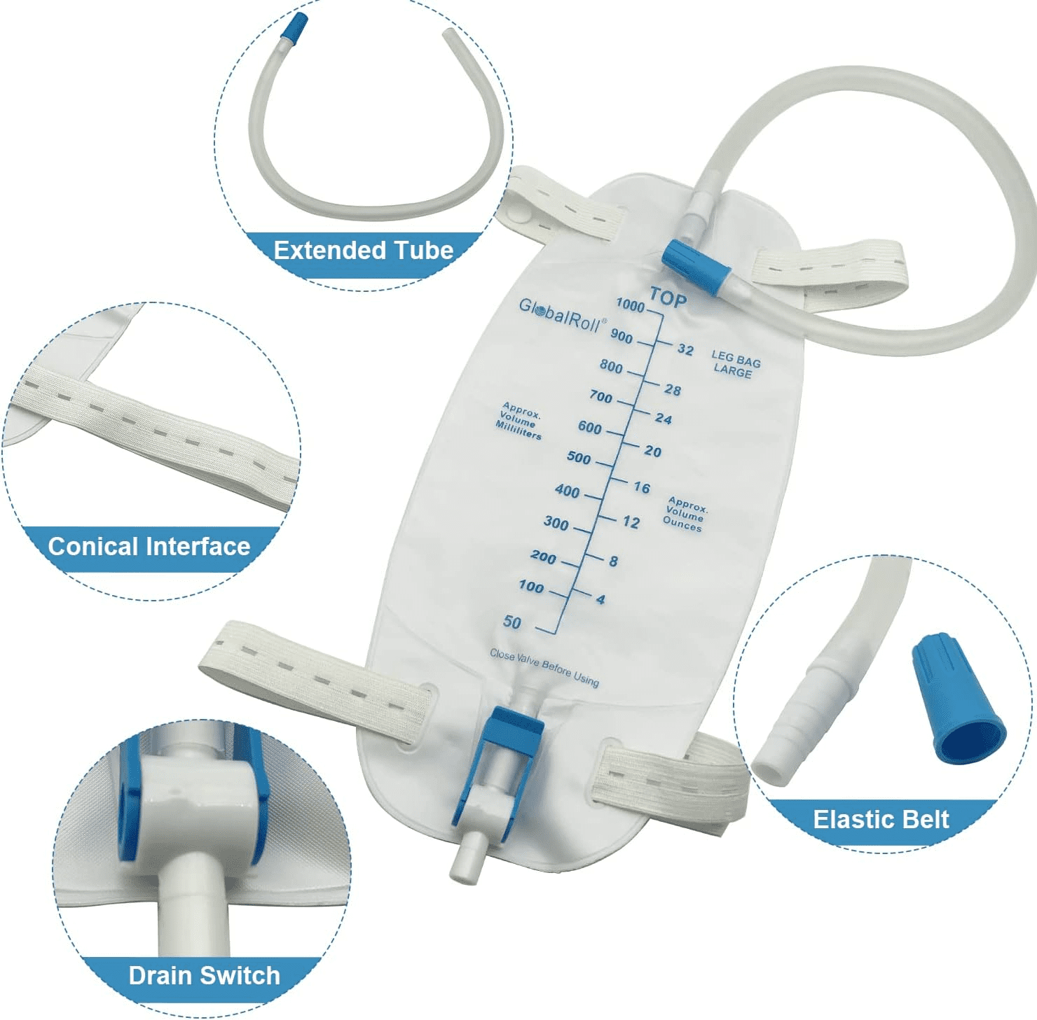 Leg Bag 5 Pack,Urinary Leg Bag, Medical Drainage Bag With 1000 mL ,Volume2 Adjustable Elastic Bands, Professional Urinary Bag for Home and Hospitals Health Aids, 5 Pack