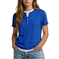 thumbnail image 2 of VJGBEGW Women's Fashion Fake Two-Piece Henley Neck Short Sleeve T-Shirt Casual Loose Fit Basic Tee Top Breathable Cotton Blend Shirt Blue XL, 2 of 6