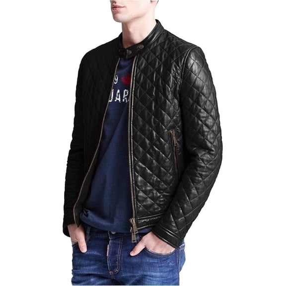 New Men Designer Genuine Lambskin Soft Biker Black Quilted Leather Jacket A963